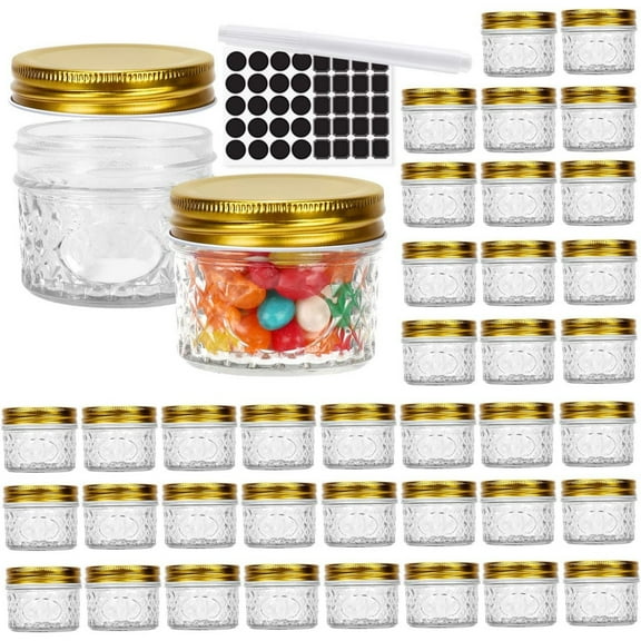 40 Pack 4 oz Glass Mason jars With Regular Gold Lids, Perfect Canning Jars Containers for Jam, Honey, Candies,Wedding Favors, Decorations