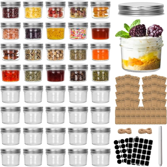 40 Pack 4oz Clear Mason Jars With One Piece Silver Lids, Mini Glass Canisters, Spice Bottles, Canning Jars for Honey, Jam, Jelly