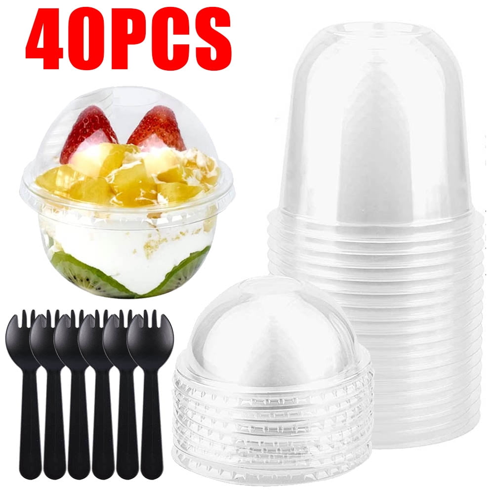 9oz Plastic Cups with Dome Lids and Dessert Forks with Lids, Disposable Ice  Cream Cups, Pudding Cups, Parfait Cups, Fruit Cups for Carnivals (Clear,  100 Set) 