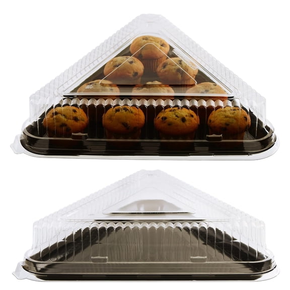 [40 Pack] Black Triangular Plastic Serving Tray with Clear Dome Lid 16x16x4 - Triangle Black Catering Tray Serving Platter Stackable - Dessert Carrier Great for Catering, Restaurants, Delivery, To Go