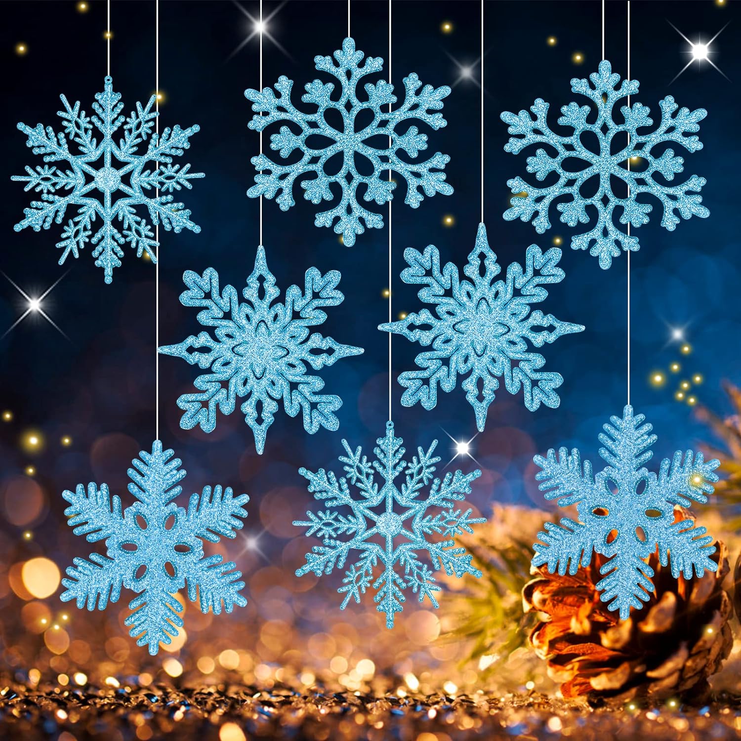40 Pack Christmas Blue Snowflake Glitter Ornaments 4 Inch Plastic
