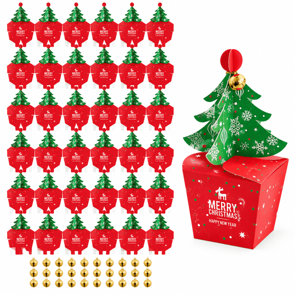 40-Pack Christmas Tree Candy Boxes with Bells, 3.15x6.3 Inch Red Gift Boxes for Holiday Party Favors, Treats & Small Gifts