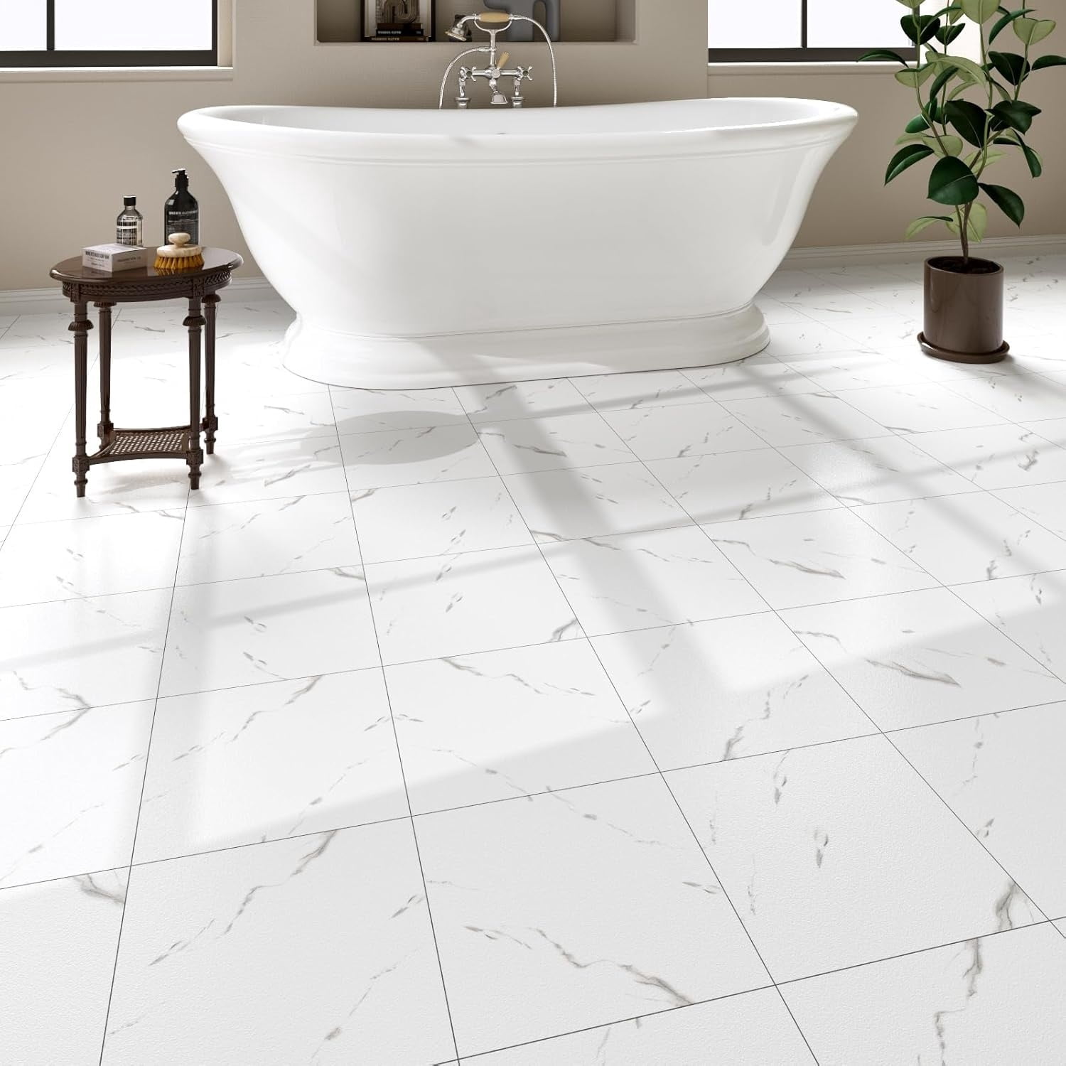 40 Pack Cover 40 Sq.Ft Peel and Stick Floor Tiles, 12” x 12” Self Adhesive Vinyl Flooring Easy DIY Installation for Kitchen, Living Room, Laundry, RV, Matte White Vein Marble