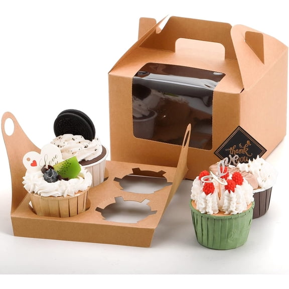 40 Pack Cupcake Boxes, 4 Count Kraft Paper Cupcake Containers with Insert, Window and Handle for Muffin, Bakery Gable Treat Boxes for Party