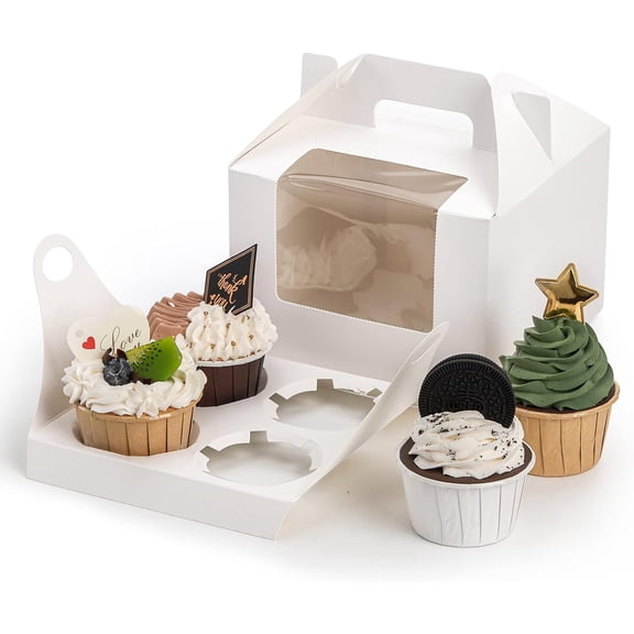 40 Pack Cupcake Containers, 4 Count White Kraft Paper Cupcake Boxes with Insert Window and Handle, Cupcake Holder Bakery Pastry Boxes, Gable Party Favor Treat Boxes for Wedding Mother's Day