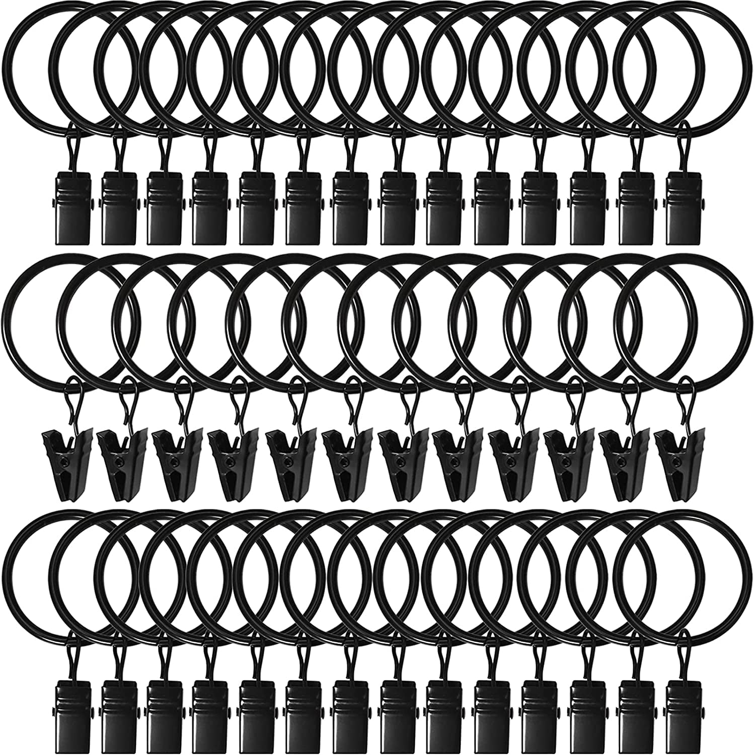 Vintage Black Metal Curtain Rings with Clips, 1.26 Inch, 40 Pack