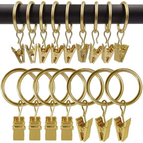 40 Pack Curtain Rings with Clips Hooks, Rustproof Matte Metal Stainless Steel Drapery Rings for Tension Rod Bracket Eyelets Hangers, Gold Color