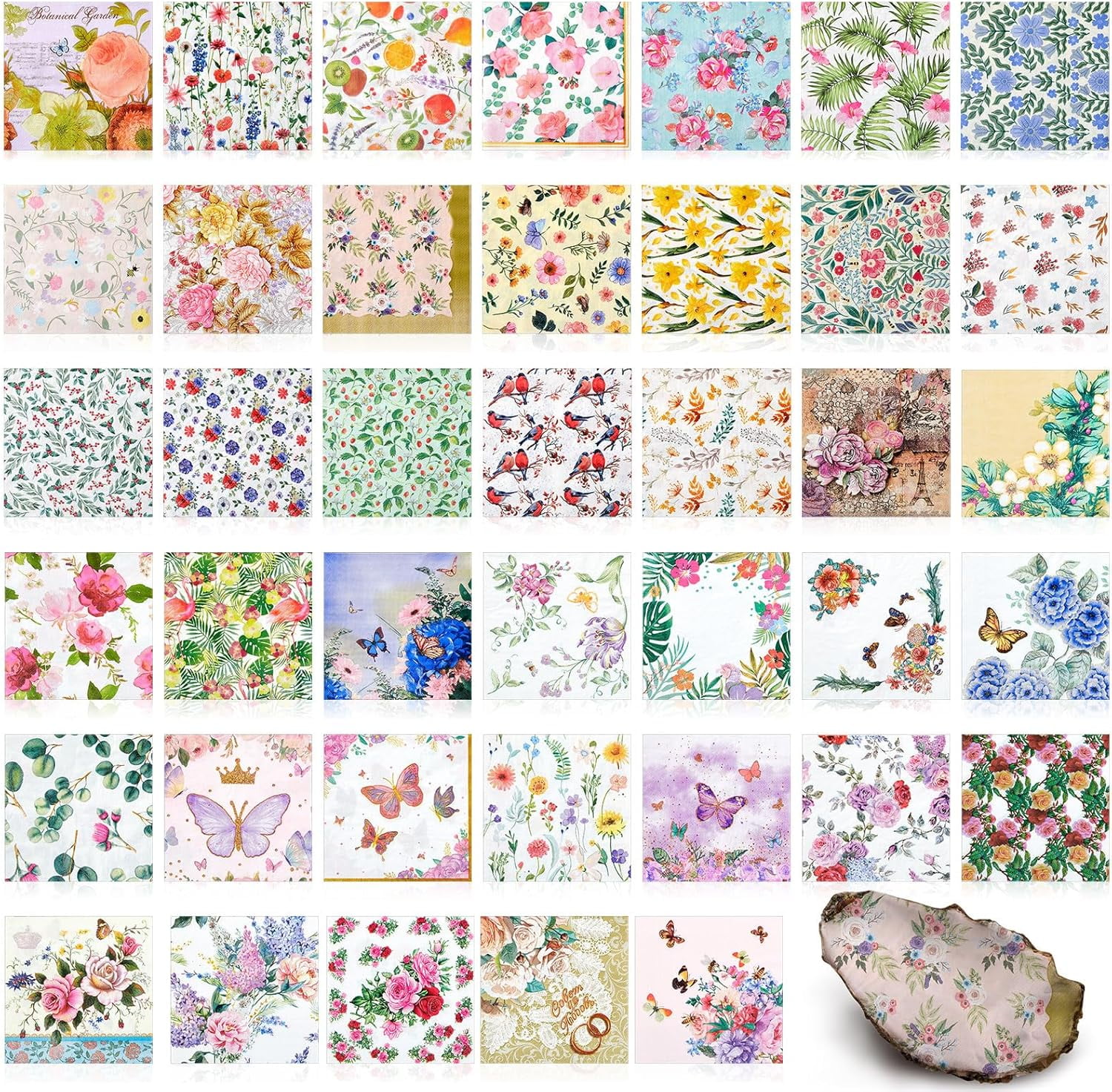 40 Pack Decoupage Napkins Assorted Floral Decorative Decoupage Napkins Cocktail Paper for DIY Crafting Birthday Party, Each Unfolded 13 Inch (Soft Floral)