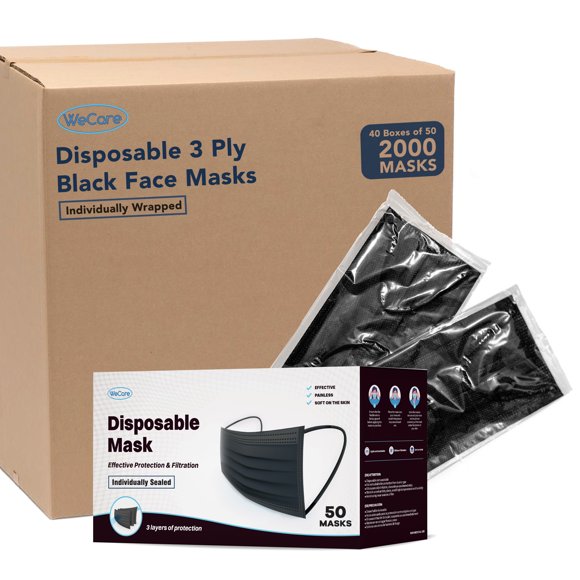(40 Pack) Disposable Face Masks 3-Ply Individually Wrapped , 50ct - Black