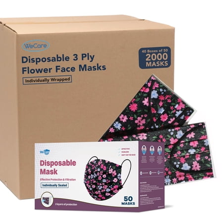 (40 Pack) Disposable Face Masks 3-Ply Individually Wrapped , 50ct - Flowers