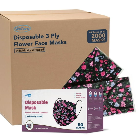 (40 Pack) Disposable Face Masks 3-Ply Individually Wrapped , 50ct - Flowers