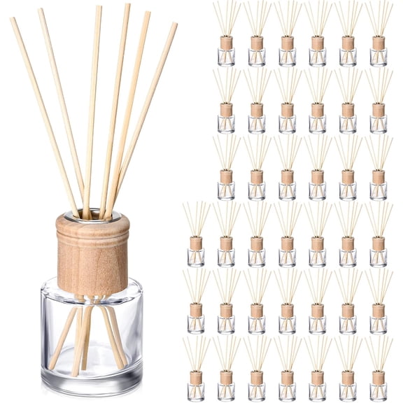 40 Pack Empty Refillable Reed Diffuser Bottles with Wooden Caps and Sticks 50ml Round Glass Jars for DIY Fragrance