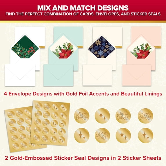 40 Pack Foil Embossed 5x7in Assorted Christmas Cards with Envelopes and Stickers, 8 Elegant Holiday Designs Seasons Greetings for Friends & Loved Ones with Printed Message, Gifting, Mailing