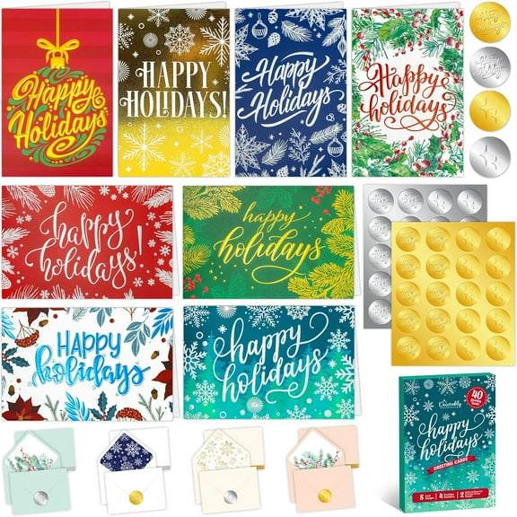 40 Pack Foil Embossed 5x7in Assorted Holiday Cards Bulk with Envelopes and Stickers, 8 Elegant Designs Happy Holidays Cards with Envelopes, with Printed Message Inside