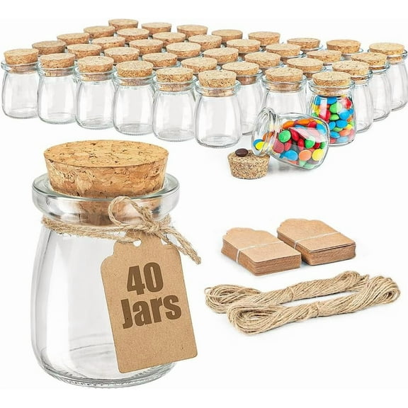 40 Pack Glass Favor Jars with Cork Lid, 3.4 oz Small Glass Bottles for Wedding Favor, Baby Shower, Party Favor, Gift Jars for Candy, Bonus Twine and Labels