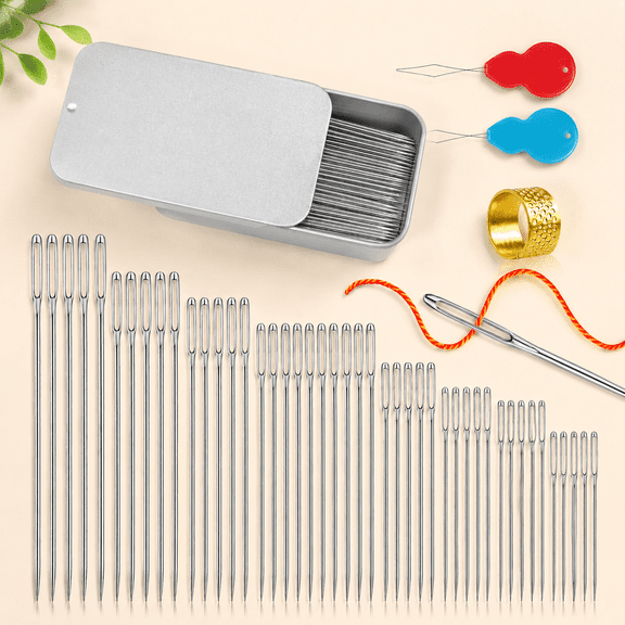40 Pack Large Eye Stainless Steel Hand Sewing Needles, 7 Assorted Sizes Sharp Embroidery Leather Needles with Threaders for DIY Hand Sewing & Craft Projects