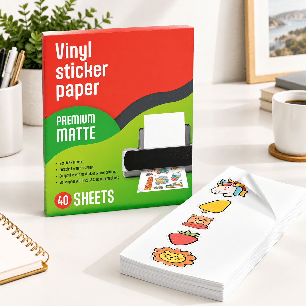 Sticker Parper 40-Pack Matte White Printable Vinyl Sticker Paper for Inkjet Printers ...