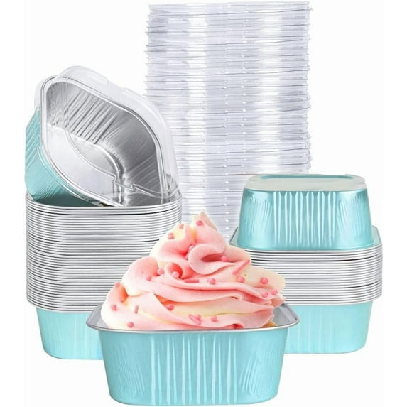 40 Pack Mini Cake Pans with Lids, 5oz Square Aluminum Foil Brownie Baking Cups, Muffin Tin Ramekins, Disposable Dessert Cupcake Cups for Wedding Birthday Party, Blue