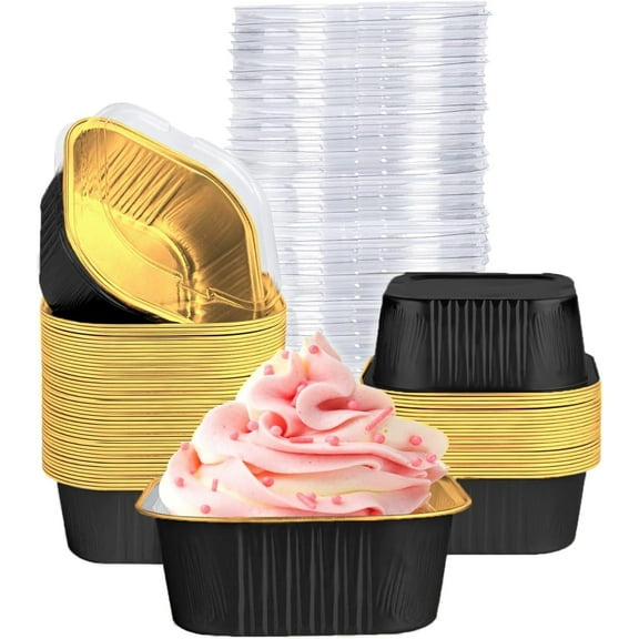 40 Pack Mini Cake Pans with Lids, 5oz Square Aluminum Foil Brownie Baking Cups, Muffin Tin Ramekins, Disposable Dessert Cupcake Cups for Wedding Birthday Party, Black,Gold