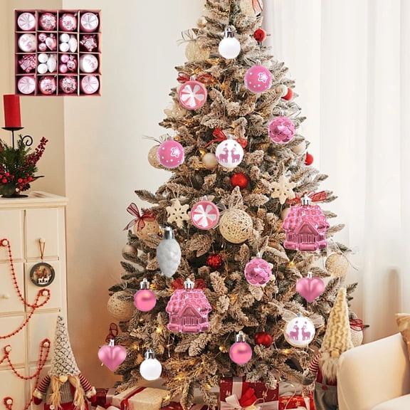 40-Pack Mixed Shape Christmas Ornaments, Multi-Style Shatterproof Plastic Tree Decorations Set,Hot Pink