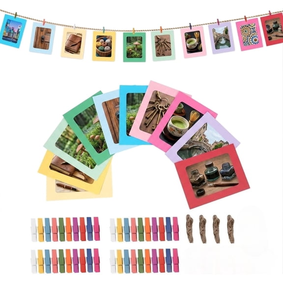 40 Pack Multicolor 4x6 Inch Paper Photo Frames Kit with Wooden Clips & Hemp Rope, DIY Cardstock Picture Hanging Banner Set for Wall Photo Display Craft Party Decor