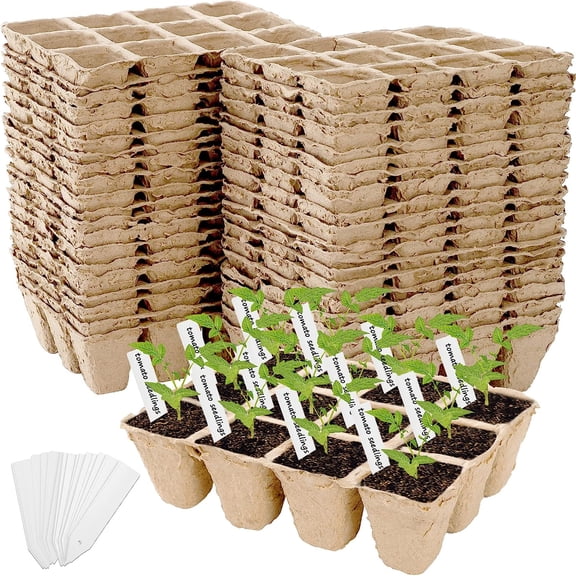 40 Pack Peat Pots Seed Starter Trays, 480 Cells Germination Seedling Pots, Organic Biodegradable Plant Germination Tray with 40 Plant Labels for Vegetable Flower, Herbs, Indoor Outdoor Garden