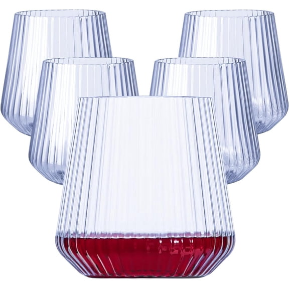 40 Pack Plastic Ribbed Wine Glasses, 14Oz Origami Disposable Wine Glasses Unbreakable Clear Plastic Cocktail Glasses Recyclable Shatterproof Reusable Wine Cups (14oz-blue-40pack)