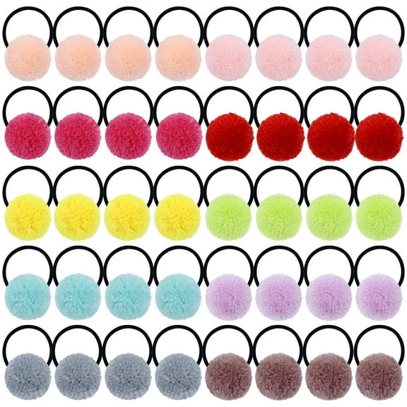 40 Pack Rainbow Colorful Fuzzy Fur Felt Pom Pom Hair Ties Small Cute Balls Scrunchies Pigtail Ponytail Holders with Pompom Bows Elastic Hair Rope Rubber Bands Accessories for Kids Toddler Girl