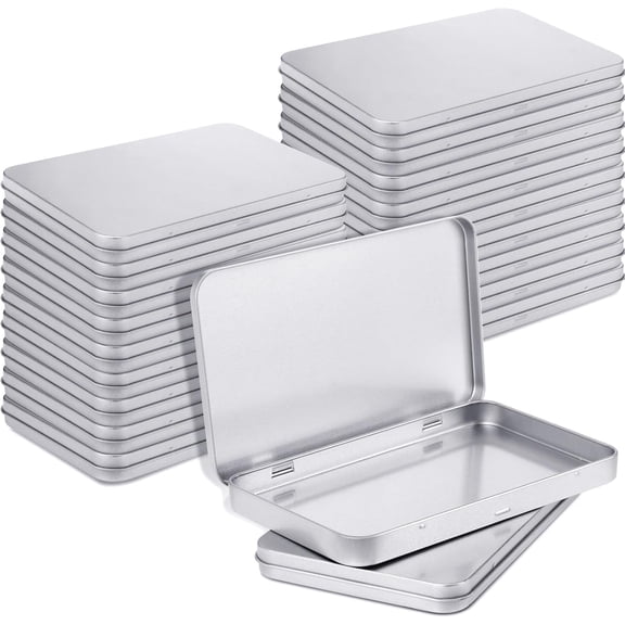 40 Pack Rectangular Metal Tin Box with Hinged Lid for Paint Jewelry Pen Candy Craft Storage 7.0 x 4.2 x 0.6 Inches Silver
