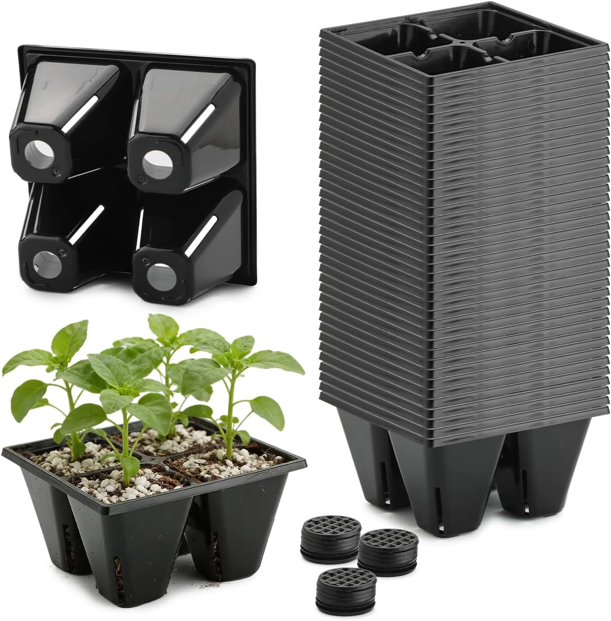 40 Pack Reusable 4-Cell Seed Starter Tray for Seedlings, Deep Large Cell Plant Starter Trays with Drainage Holes for Seed Germination, Easy Transplant, Fits Standard 1020 Flats, Black