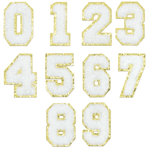 40 Pack Self-Adhesive Number Patches 0-9 Chenille Digits with Gold Edge, Iron-On or Stick-On Embellishments for Clothing, Bags & DIY Crafts, Customizable for Shirts, Jeans & Accessories