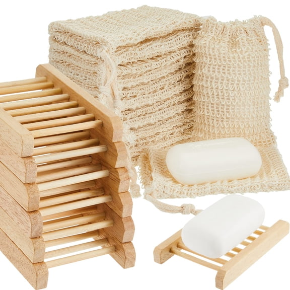 40 Pack Soap Saver Bag with Holder Sisal Mesh Bamboo Wood 14x9cm 8x11.5cm