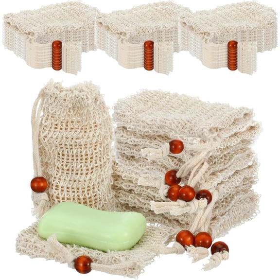 40 Pack Soap Saver Bags, Natural Sisal Exfoliating Soap Pouch with Drawstring Wooden Bead, Foaming Drying Mesh Net for Bath and Shower, 5.5 x 3.5 Inch