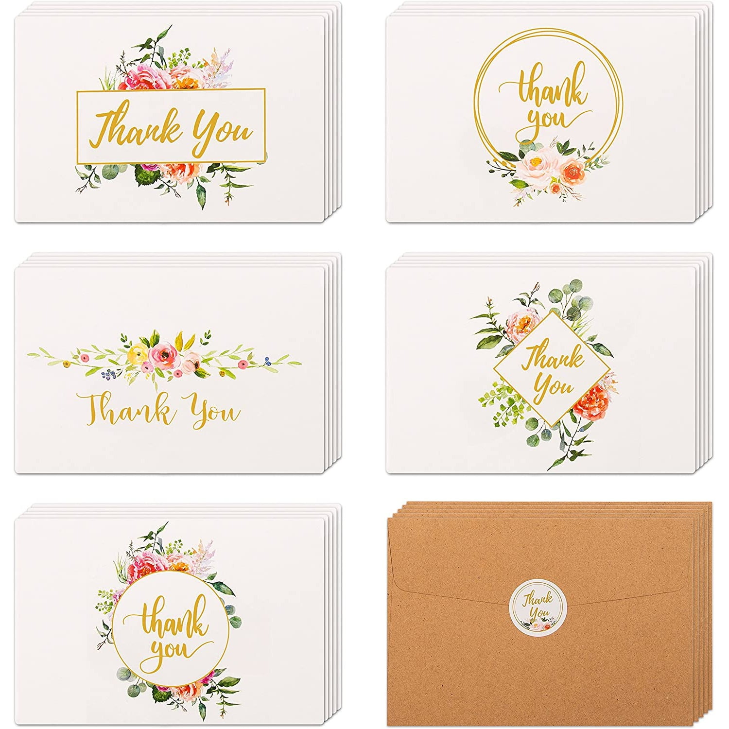 Bulk 40 Pack Floral Thank You Greeting Note Cards with Envelopes ...