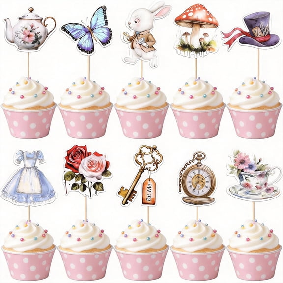 40-Pack Whimsical Tea Party Cupcake Toppers - Vintage Storybook Theme Cake Picks with Key, Rabbit, Butterfly, and Flower Designs for Baby Shower and Birthday Party Decorations