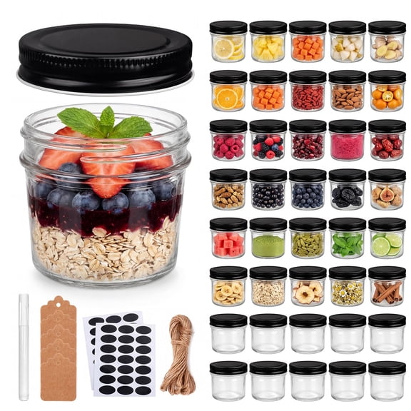 40 Packs 4oz Glmini Mason Jars With Lids(black) Clear Small Spice Canning For Honey Jam Wedding Favors Diy Party Kitchen Food Storage