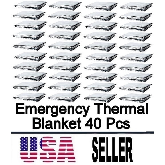 40 Packs Thermal Mylar Blanket Emergency For Survival First Aid Kits Sport Outdoors Hiking Camping Bug Out Trauma Desert All Weather Condition Protection Silver Color