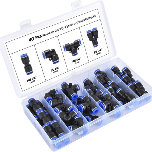 40-Pc Push-To-Connect Air Line Fitting Kit, Durable Pneumatic Quick Connectors With Secure Locking Design, Assorted Sizes For Air Compressor Systems, Pneumatic Tools And