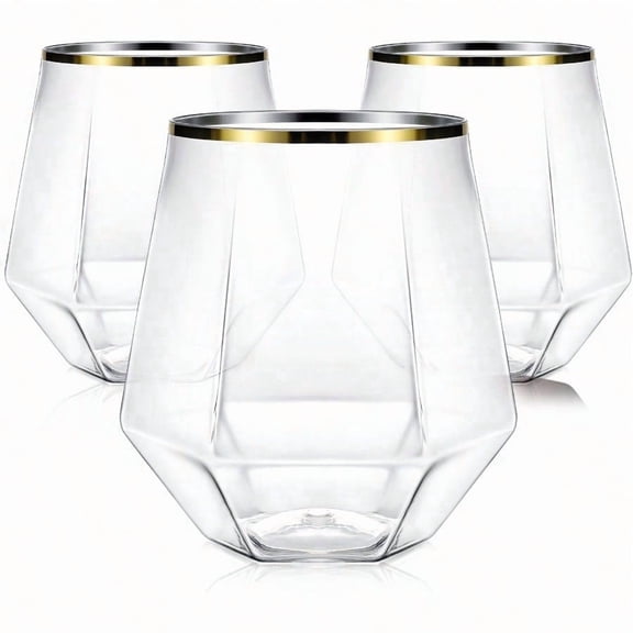 40 Pcak Plastic Steml Wine Cocktail Whiskey Champagne Glasses 12 Oz Gold Rim Disposable Clear Unbreakable Cups For Party Bars Wedding Tasting Diamondshaped