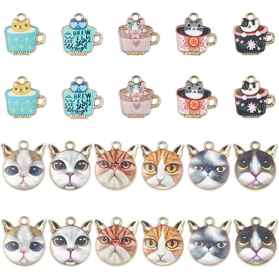 40 Pcs 10 Styles Alloy Enamel Cat Charms Kitten Coffee Cup Pendants Flat Metal Kitty Charms