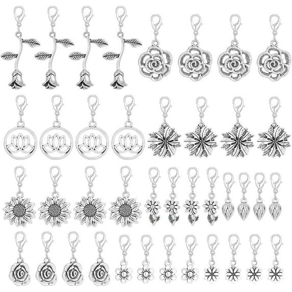 40 Pcs 10 Styles Flower Zipper Pull Charm Floral Alloy Zipper Pendant Rose Lotus Sunflower Zipper Pull Zipper Puller Decoration for Luggage for DIY