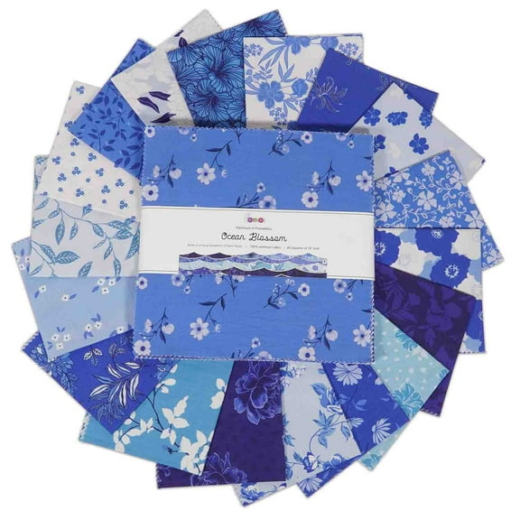 40 Pcs 10" x 10" DIY Cotton Fabric Squares, Fabric Squares Bundles Patchwork, 10" Layer Cake Pre - Cut Quilt Charm Pack, Quilting DIY Sewing Quarters Bundle - Ocean Blossom