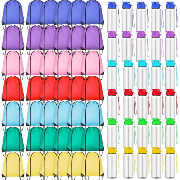 40 Pcs 17 oz Plastic Water Bottles Bulk and Drawstring Backpack Set Reusable Flip Top Leakproof Water Bottles with Handle for Adults Sports Gym Travel Party Outdoor(Fresh)