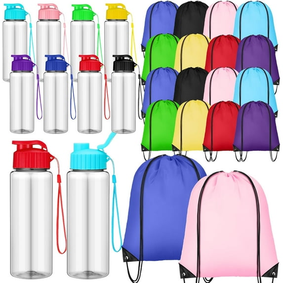 40 Pcs 17 oz Plastic Water Bottles Bulk and Drawstring Backpack Set Reusable Flip Top Leakproof Water Bottles with Handle for Adults Sports Gym Travel Party Outdoor (Chic)