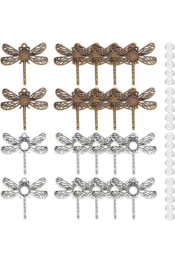 40 Pcs 2 Colors Round Dragonfly Trays Bezels 8.5mm Cameo Setting Cabochon Pendant Charms with 45 Pcs Glass Cabochons for Crafting DIY Jewelry Making DIY