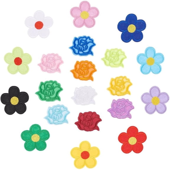 40 Pcs 2 Styles Flower Iron on Patches Rose Embroidery Patch Sew on Applique Patch Mixed Color Repair Patch DIY