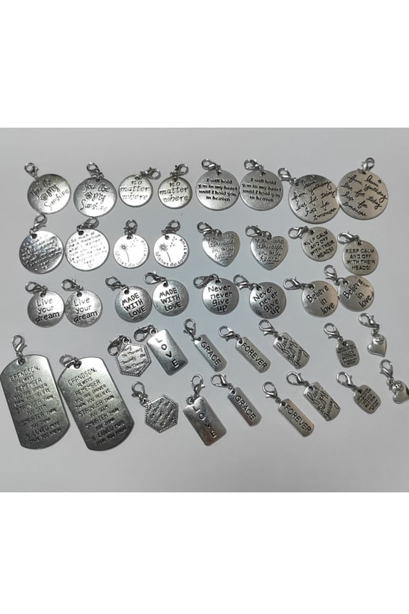 40 Pcs 20 Styles Inspiration Words Charms with Lobster Clasp Assorted Silver Charms Alloy Zipper Pendant Zipper Puller Decoration