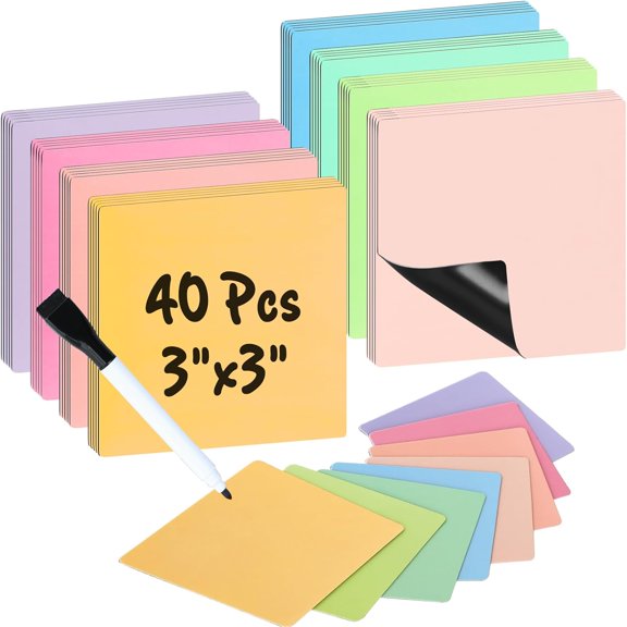 40 Pcs 3" x 3" Reusable Magnetic Sticky Notes Dry Erase Magnet Sheets Set, Easy to Post Labels with Marker for Whiteboard, Multicolor Stickers for White Board, Fridge, Locker