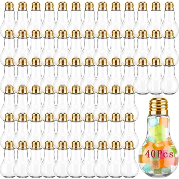 40 Pcs 3.4 oz Plastic Light Bulb Jar Tutuviw Light Bulb Shaped Candy Jars Container Clear Fillable Plastic Light Bulbs for DIY Crafts Party Favors & Wedding Decor Supplies (Gold Lid)