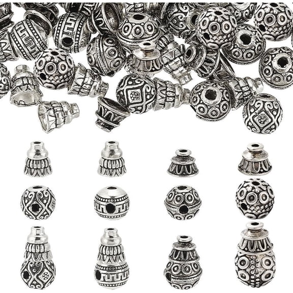 40 Pcs 4 Styles Guru Beads Tibetan Style Alloy Beads 3-Hole Gourd Beads T-Drilled Beads for Mala Prayer Bracelet Necklace Jewelry Making Silver Silver